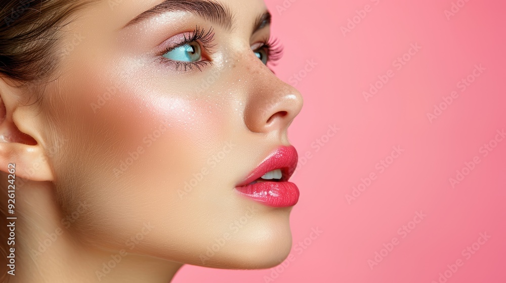 Close-up profile of a young woman with vibrant makeup against a pink background Close-up profile of a young woman with vibrant makeup against a pink background