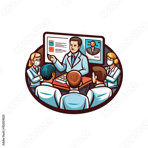 A colorful vector design of a medical conference with a speaker presenting to an audience.