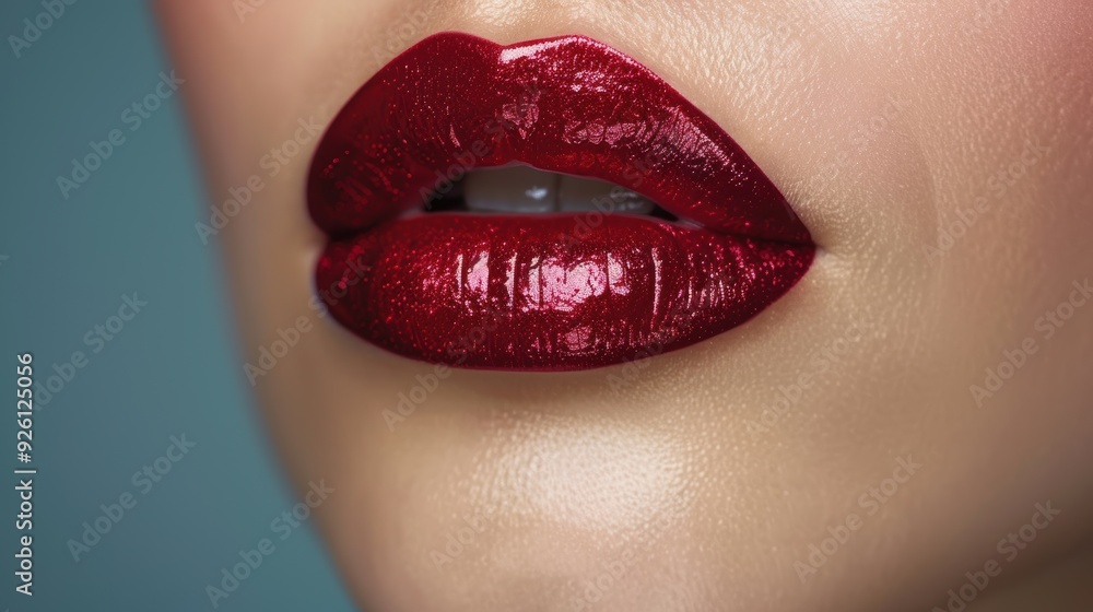 Close-up of glossy red lips against a soft blue background highlighting a bold makeup look Close-up of glossy red lips against a soft blue background highlighting a bold makeup look