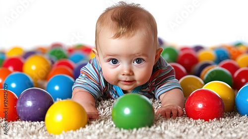 Baby crawling and playing with colorful balls indoors