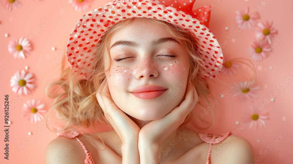 A young woman smiles peacefully, surrounded by flowers and pastel colors in a bright, cheerful setting A young woman smiles peacefully, surrounded by flowers and pastel colors in a bright, cheerful setting