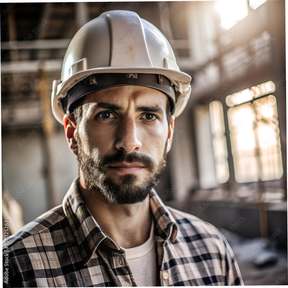 Focused Construction Worker in Helmet: Dedicated Professional at the Job Site Focused Construction Worker in Helmet: Dedicated Professional at the Job Site
