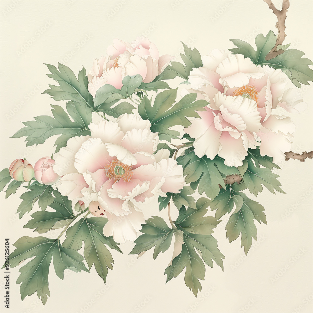 Delicate peony flowers illustration with soft pastel colors and detailed leaves. Delicate peony flowers illustration with soft pastel colors and detailed leaves.