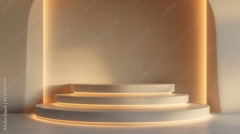 Obraz premium Elegant Minimalistic Beige Podium with Matte Finish in Soft Ambient Light on White Background