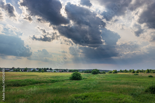 A field of grass with a cloudy sky in the background