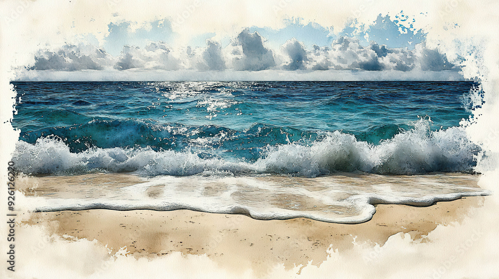 Watercolor painting of ocean waves crashing on a sandy beach. Generated by AI.