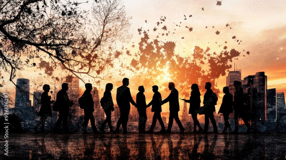 Fototapeta premium A group of people walking in a city at sunset