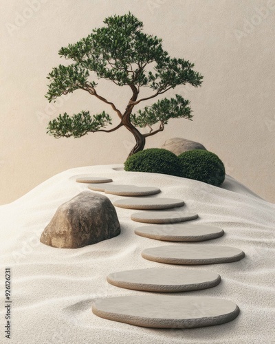 Serene Zen Garden with Raked Sand, Bonsai Tree, and Stones for Peaceful Meditation | Japanese Garden Landscape of Tranquility
