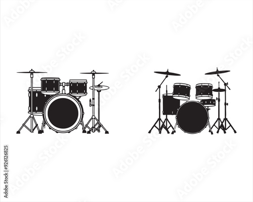 create a black silhouette Musical instrument Drum Kit Vector on white background