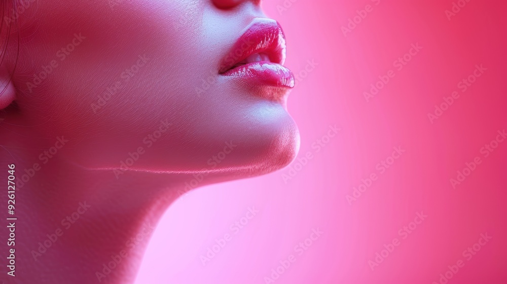 Woman's profile with glossy lips and soft lighting in a vibrant pink setting Woman's profile with glossy lips and soft lighting in a vibrant pink setting