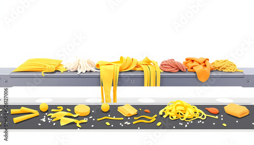 Pasta producing process, various types of pasta on conveyor belt isolated with white highlights, png photo