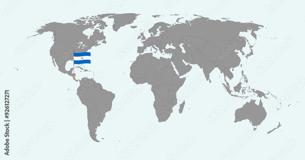 Naklejka premium Pin map with Nicaragua flag on world map. Vector illustration.