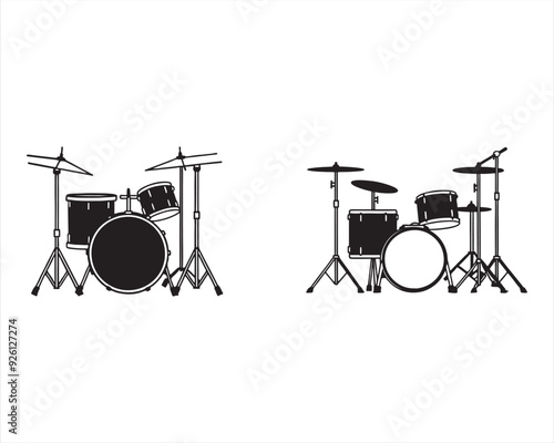 create a black silhouette Musical instrument Drum Kit Vector on white background