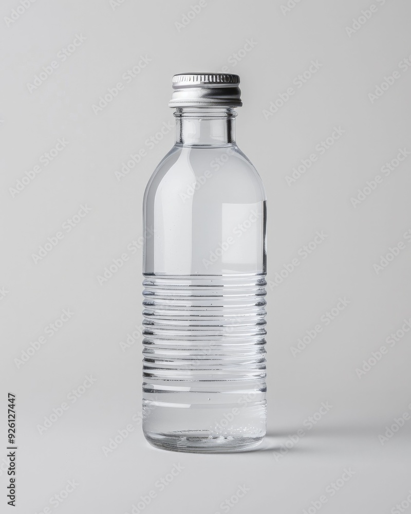 A transparent bottle featuring sleek lines, placed against a white backdrop, emphasizing its elegance and contemporary appeal. A transparent bottle featuring sleek lines, placed against a white backdrop, emphasizing its elegance and contemporary appeal.
