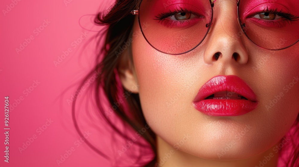 Bright pink-themed portrait of a woman wearing round sunglasses with vibrant makeup against a pink backdrop Bright pink-themed portrait of a woman wearing round sunglasses with vibrant makeup against a pink backdrop