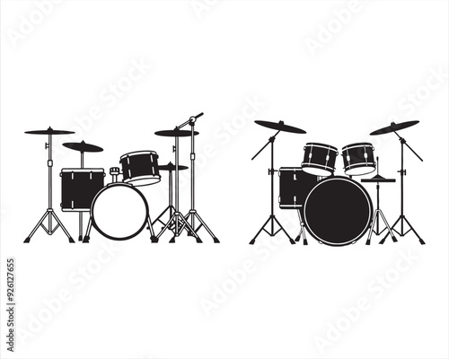 create a black silhouette Musical instrument Drum Kit Vector on white background