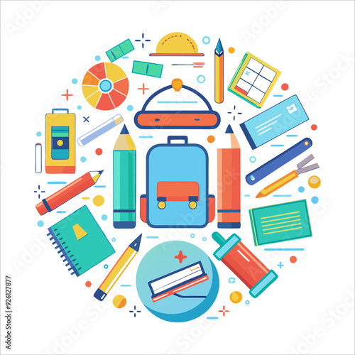 School Supplies Flat Lay. A vector illustration of school essentials like pencils, erasers, notebooks, rulers, and paper clips scattered across a white background
