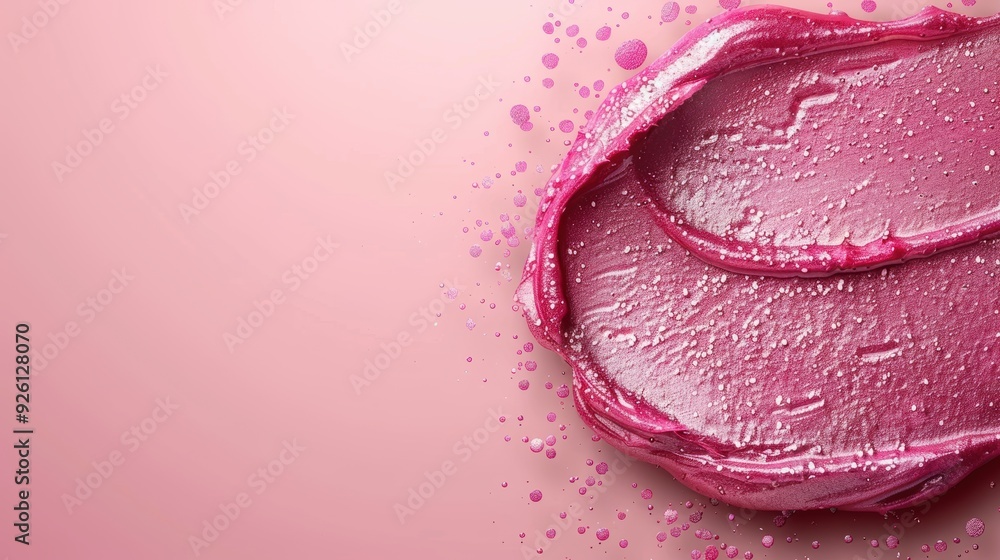 Vivid pink cosmetic product spread on a smooth surface with droplets Vivid pink cosmetic product spread on a smooth surface with droplets