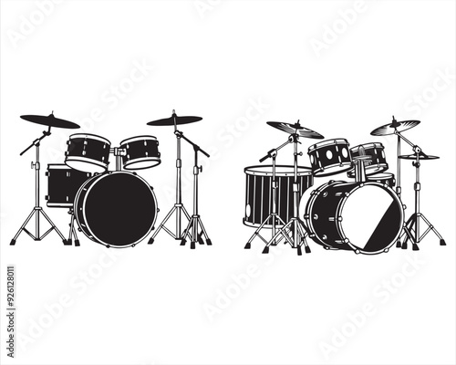 create a black silhouette Musical instrument Drum Kit Vector on white background