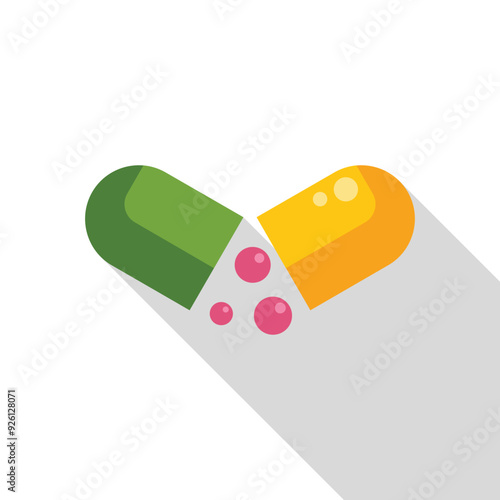 Green and yellow pill capsule opening and releasing tiny pink beads, in a flat design style