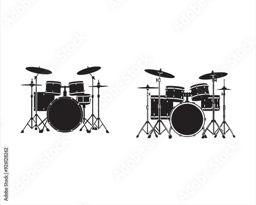 create a black silhouette Musical instrument Drum Kit Vector on white background