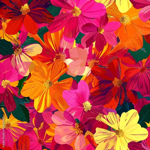 A bright and cheerful wallpaper featuring a pattern of abstract flowers in vivid shades of red, pink, and yellow, with green leaves. 8k UHD, suitable for high-quality printing or digital display. 