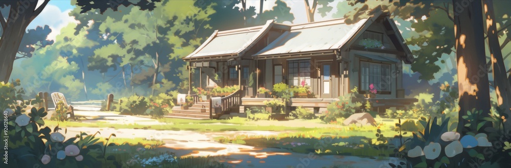 Fototapeta premium Enchanted Forest Abode: A Whimsical Anime-Style House Amidst the Woods, Perfect for Gaming Art and Storybook Illustrations in 4K