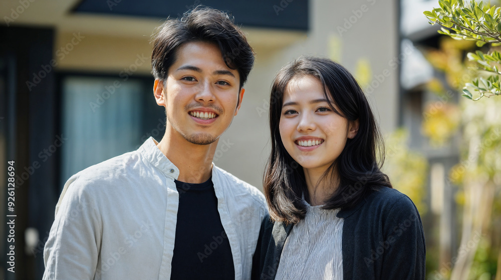 Obraz premium 新居の前で微笑む日本人カップル