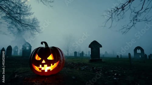 Wallpaper Mural A glowing jack-o'-lantern in a foggy graveyard, creating a spooky Halloween atmosphere. Torontodigital.ca