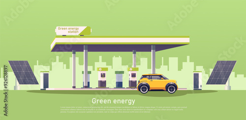 Electric car at green energy station surrounded by solar panels. Background is stylized cityscape in shades of green. Concept of renewable energy and eco friendly transportation. Vector illustration