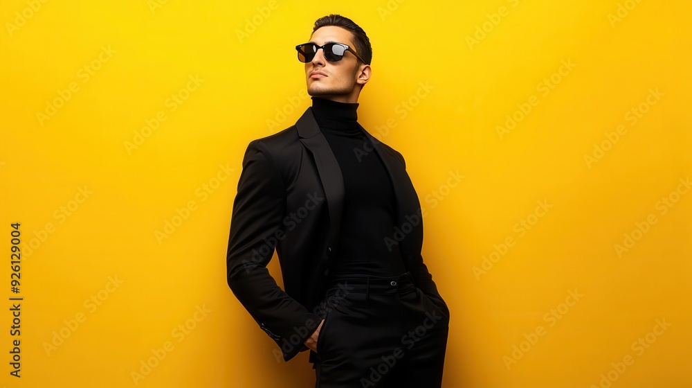 Fototapeta premium A man poses against a vibrant yellow wall, showcasing a fashionable black suit and sunglasses with an air of confidence