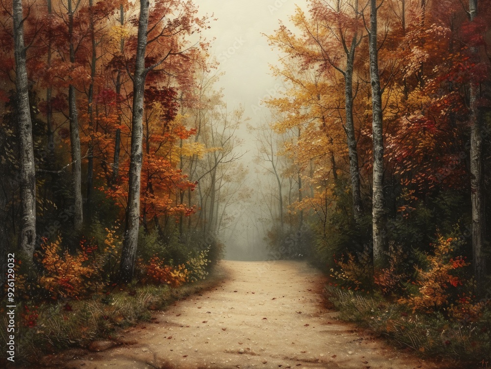 Obraz premium An autumn forest path adorned with colorful foliage creates a peaceful, welcoming ambiance, showcasing the stunning charm of the fall season.