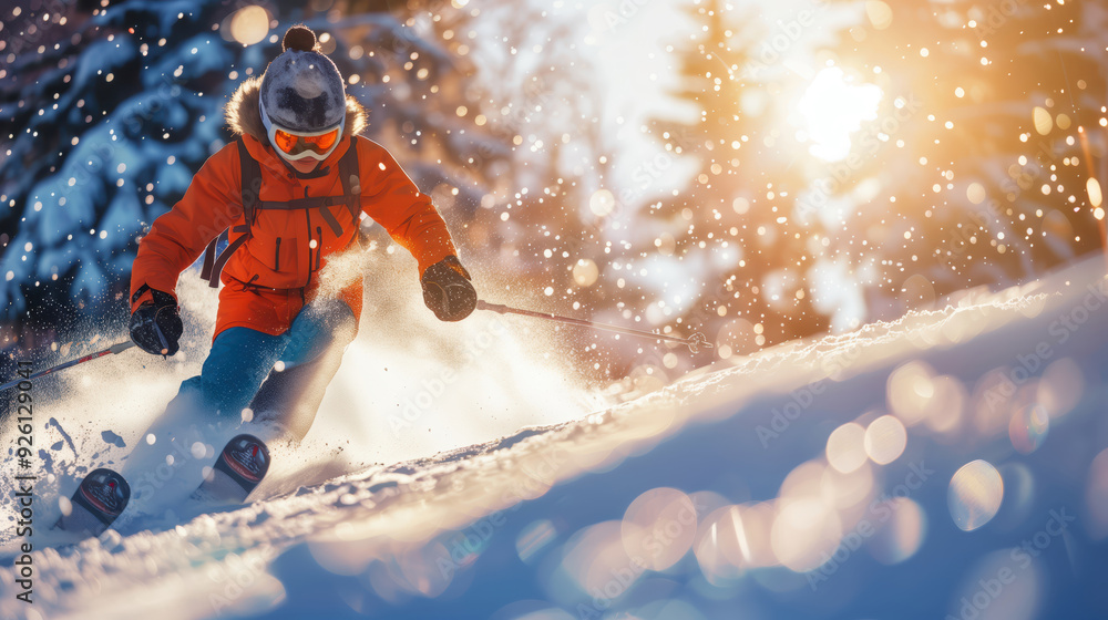 Exciting Action Shot of Youth Skiing Down a Snowy Slope in Bright Winter Gear with Sunlit Snowflakes Exciting Action Shot of Youth Skiing Down a Snowy Slope in Bright Winter Gear with Sunlit Snowflakes