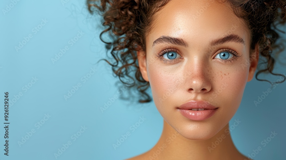 Portrait of a woman with curly hair and striking blue eyes against a light blue background Portrait of a woman with curly hair and striking blue eyes against a light blue background