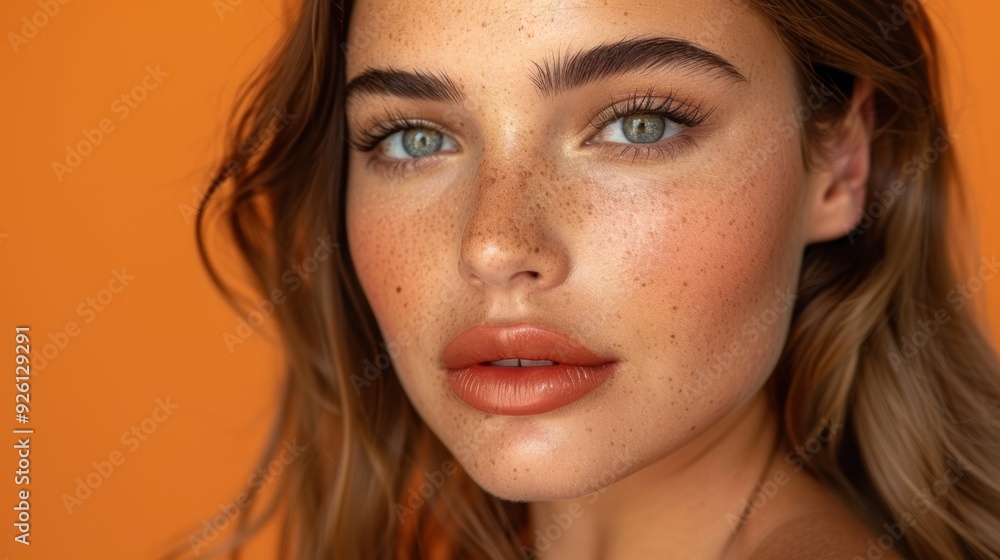 A young woman with freckles and soft makeup against a vibrant orange background A young woman with freckles and soft makeup against a vibrant orange background