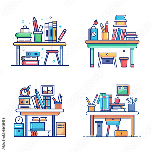 Set Of School Desk with Supplies. A line art depiction of a classroom desk with items like a pencil holder, books, and a notebook, set against a white backdrop
