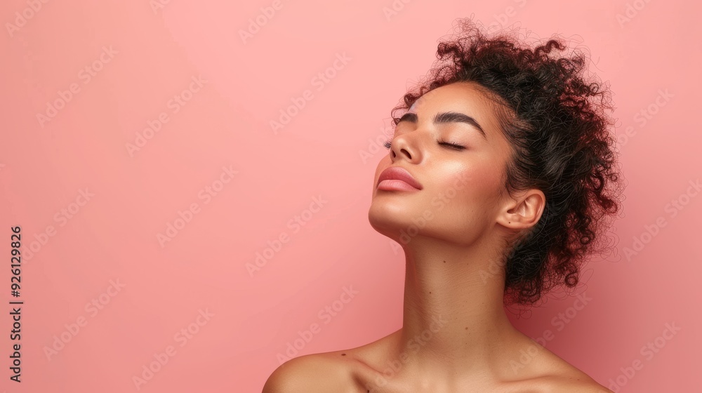 Young woman with curly hair poses gracefully against a pink background, enjoying a moment of relaxation Young woman with curly hair poses gracefully against a pink background, enjoying a moment of relaxation