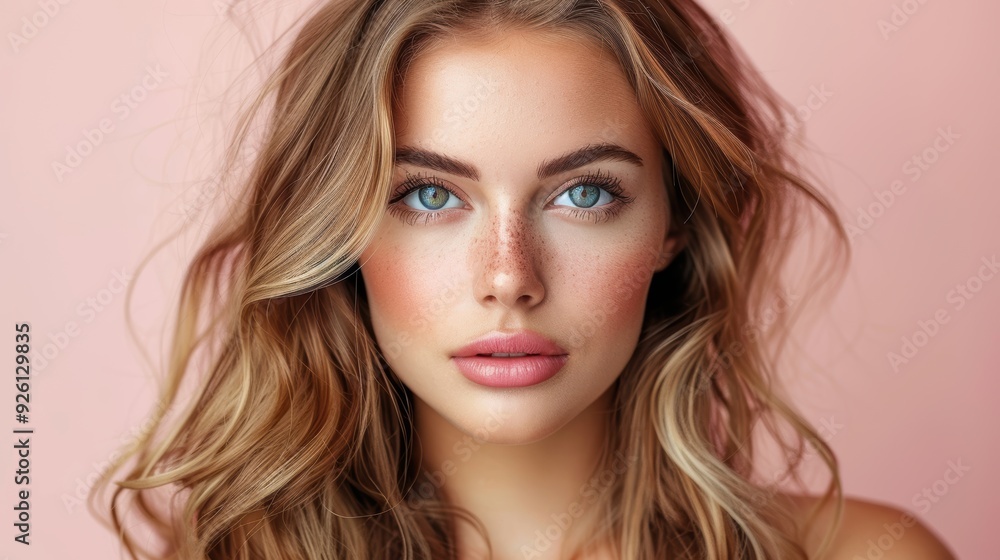 Portrait of a young woman with wavy hair and striking blue eyes against a soft pink background Portrait of a young woman with wavy hair and striking blue eyes against a soft pink background