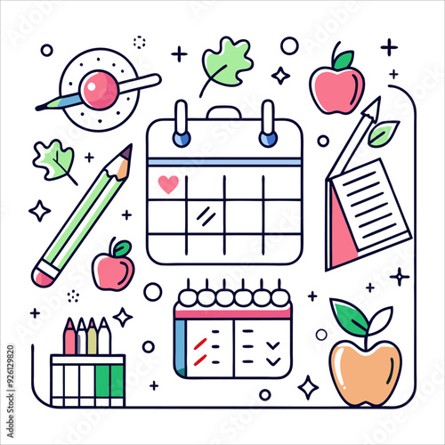 First Day of School. Line art of a calendar page marked with “First Day of School,” surrounded by school-themed elements like apples and pencils, on a white background