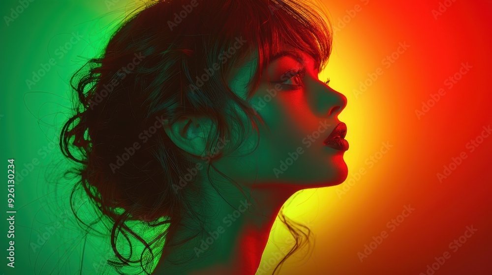 A woman is captured in profile with vibrant red, green, and yellow lighting creating a striking visual effect A woman is captured in profile with vibrant red, green, and yellow lighting creating a striking visual effect