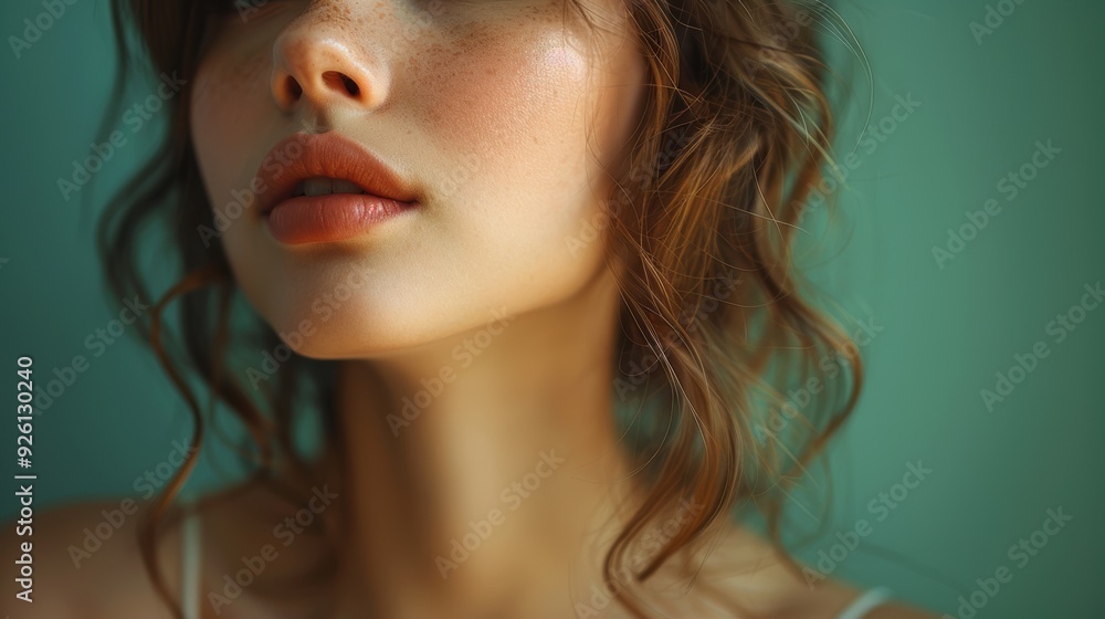 Young woman with curly hair poses gracefully against a teal background, showcasing her lips and features in a soft light Young woman with curly hair poses gracefully against a teal background, showcasing her lips and features in a soft light