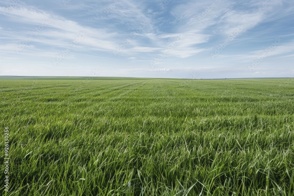 Vast green meadow stretches under a bright blue sky and far-off horizon, highlighting the charm of wide open spaces and the tranquility found in nature's embrace. Vast green meadow stretches under a bright blue sky and far-off horizon, highlighting the charm of wide open spaces and the tranquility found in nature's embrace.