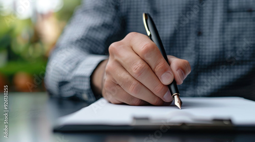 Close-up of a man's hand using a pen to write on a clipboard, focused on the writing action.