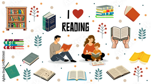 Various illustrations of books, people reading, and bookshelves on a white background with decorative elements. Concept of love for reading. Vector illustration