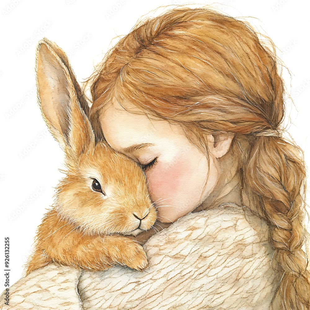 Watercolor Illustration of a Girl Hugging a Rabbit. Watercolor Illustration of a Girl Hugging a Rabbit.