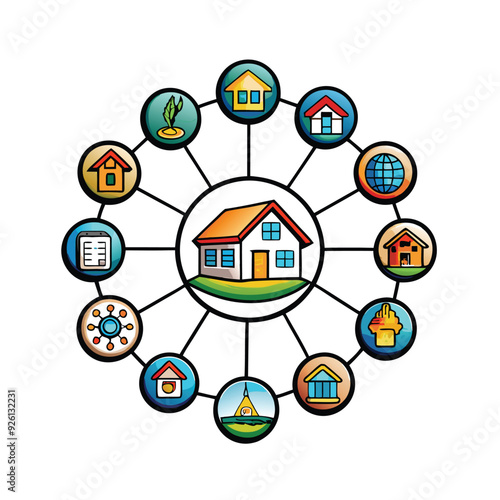 Colorful vector design of a smart grid system with houses, a solar panel, a windmill, a mobile phone, a globe, and other symbols connected to a central home.