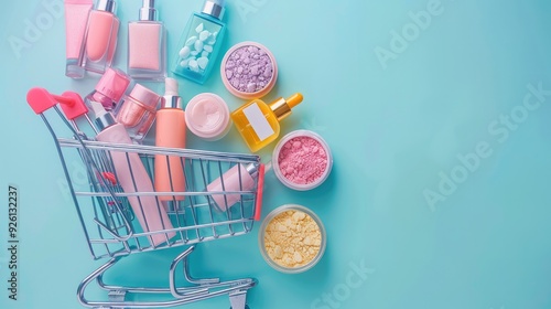 A shopping cart with various beauty products on an isolated pastel background, showcasing the concept of cosmetics online sales and fast delivery service, top view. Generative AI.