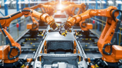 Automated Robot Arms Operate in a Car Factory, Showcasing Industrial Precision and Advanced Technology in Modern Automotive Production Lines