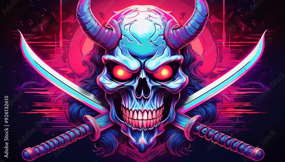 Fototapeta premium Oni skulls and synthwave katanas