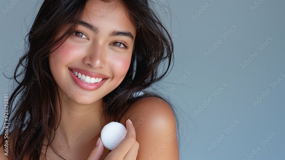 Happy woman, cotton pad, and beauty with makeup for foundation, blush, or removal on a gray studio background Happy woman, cotton pad, and beauty with makeup for foundation, blush, or removal on a gray studio background